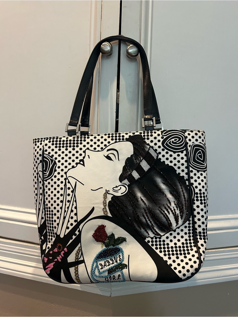 NWOT Black & White Illustrated Canvas Tote Bag Beading ‘Daddy’s Girl’ Artsy Bold